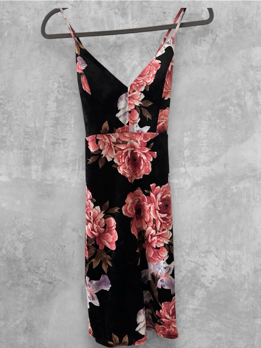 Windsor Velvet Black Midi Slip Dress with Pink Floral Print